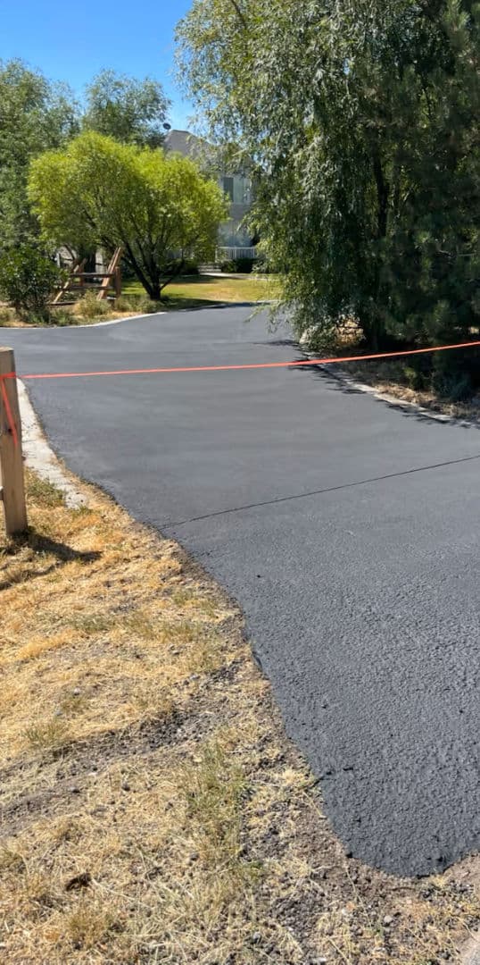 Newly paved asphalt driveway with orange barrier tape and surrounding greenery.