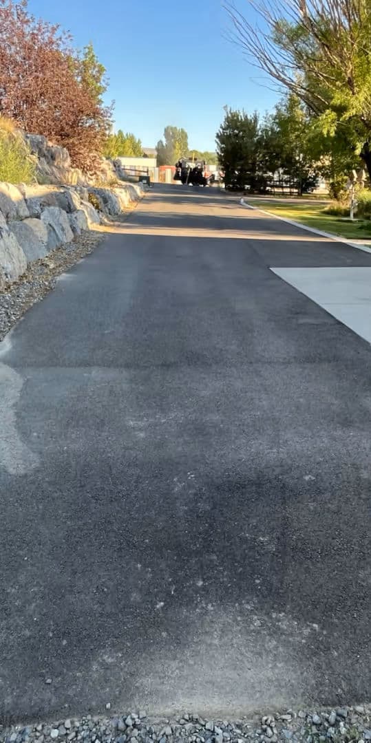 Paved pathway lined with rocks and trees leading to a distant area in clear weather.