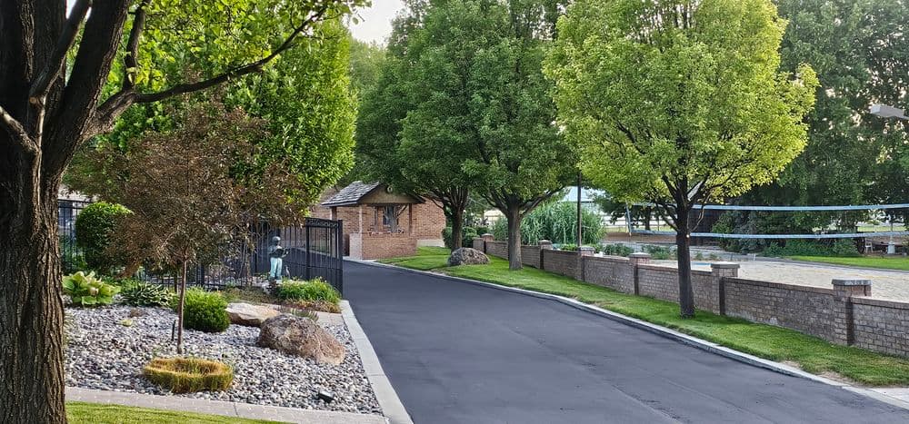 Scenic street lined with trees, leading to a brick building and volleyball court.