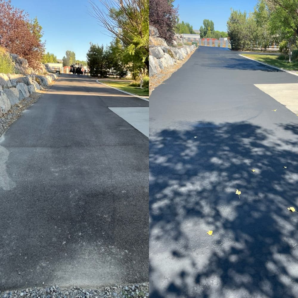 Before and after asphalt paving project showing improved smooth surface and landscaping.
