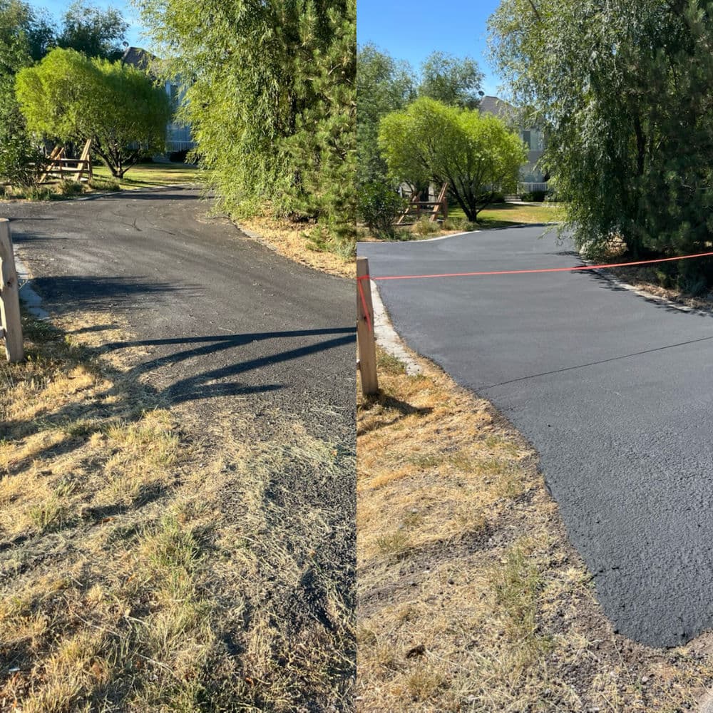 Before and after asphalt paving of a gravel driveway surrounded by greenery.