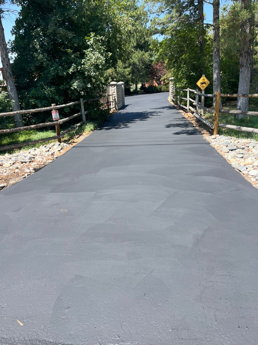 Freshly paved black asphalt walkway surrounded by trees and wooden fencing.