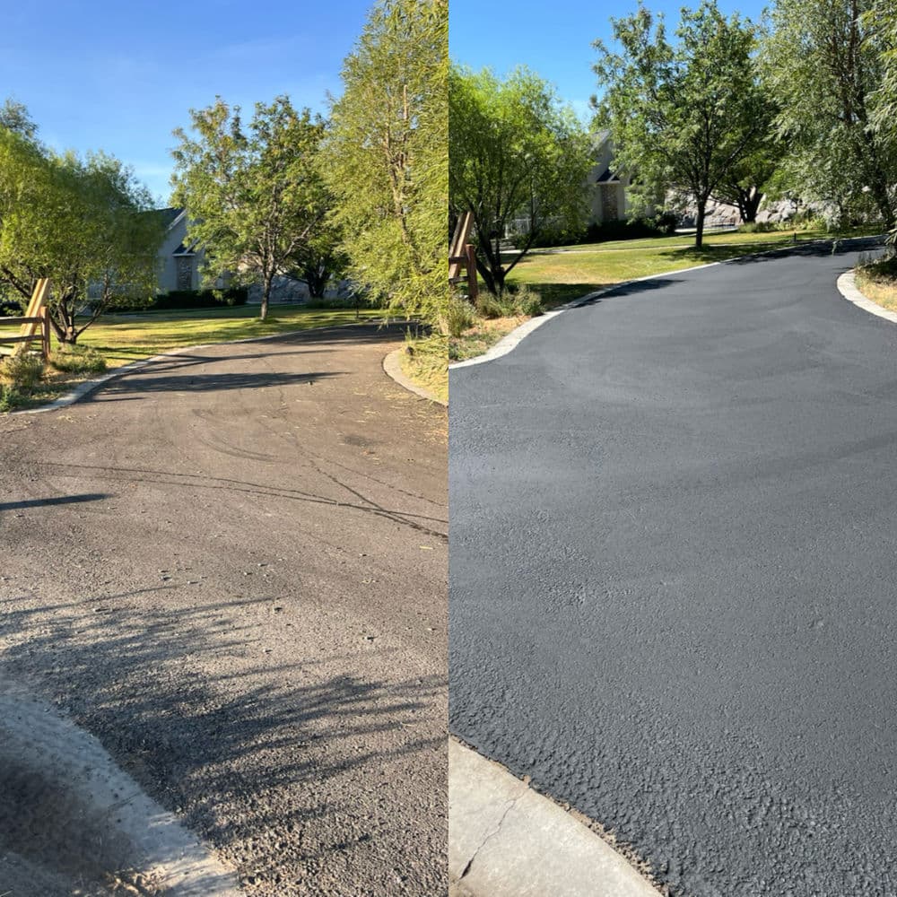 Before and after asphalt resurfacing showing a smooth, black driveway transformation.